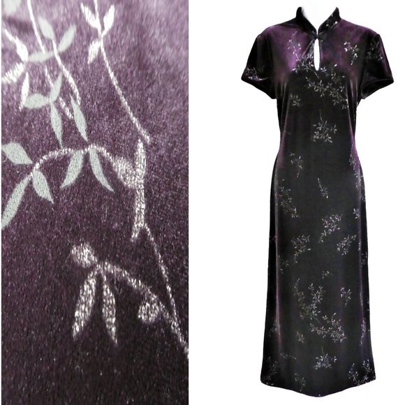 Velvet Vintage Maxi Cheongsam Dress Deep Purple Botanical Sparkly Silver Stretch - Picture 1 of 11